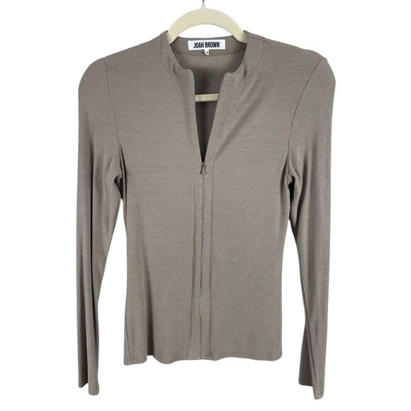 Joah Brown Invisible Zip Long Sleeve Top Ribbed Stretch Taupe Flexrib Size S/M - Picture 9 of 13